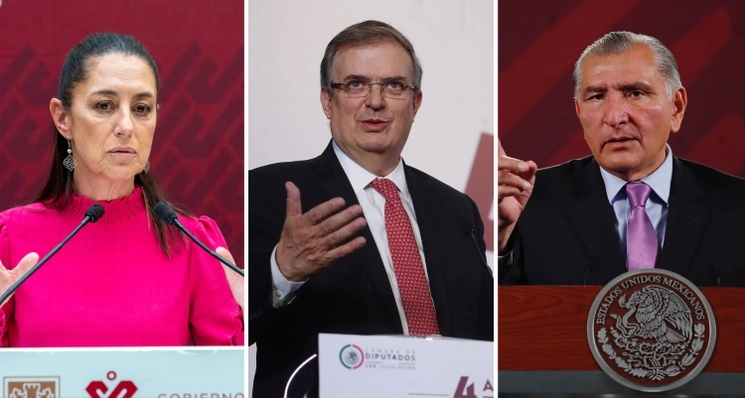 El canciller Marcelo Ebrard (centro) aceptó reunirse en junio con los otros aspirantes de Morena a la candidatura presidencial y con la dirigencia del partido para fijar las reglas de la elección del abanderado. En la imagen, la jefa de Gobierno de la Ciudad de México, Claudia Sheinbaum, y el secretario de gobernación, Adán Augusto López. Foto Pablo Ramos / Cristina Rodríguez  / Archivo

