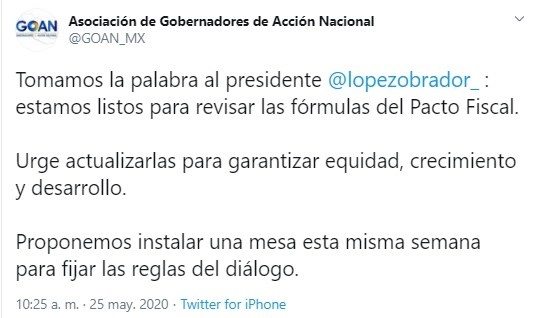Declaración de la Asociación de Gobernadores de Acción Nacional sobre la revisión de las fórmulas del Pacto Fiscal. Imagen tomada del Twitter @GOAN_MX