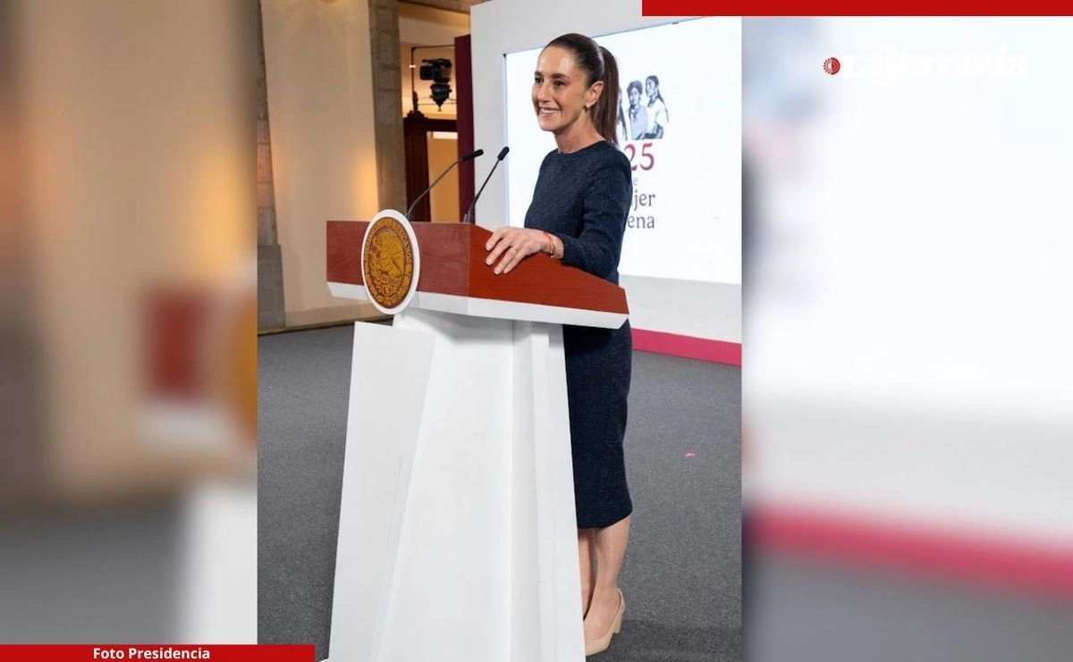 La presidenta Claudia Sheinbaum durante su conferencia matutina en Palacio Nacional, en la Ciudad de México, el 18 de julio de 2025. 