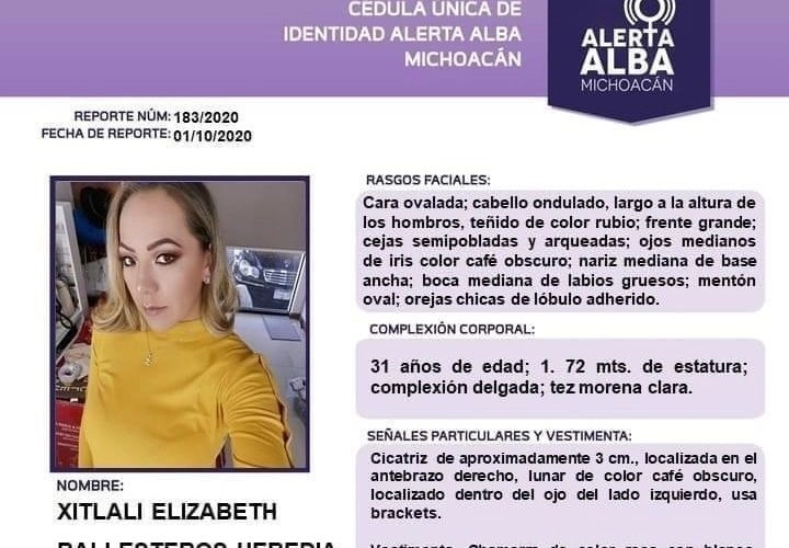 La Fiscalía Genaral del Estado activó la Alerta Alba para localizar a Xitlali Elizabeth Ballesteros Heredia, de 31 años, desaparecida desde la tarde del miércoles. Ficha de búsqueda de Xitlali tomada del Twitter de @AlertaAlbaMich