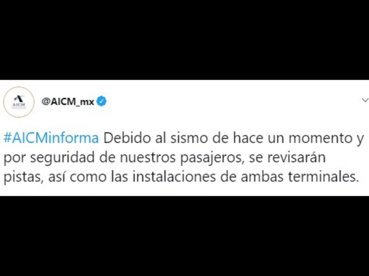 El Aeropuerto Internacional de la Ciudad de México (AICM) señaló que debido al sismo de esta mañana, activó los protocolos de seguridad. Imagen tomada del Twitter de @AICM_mx 