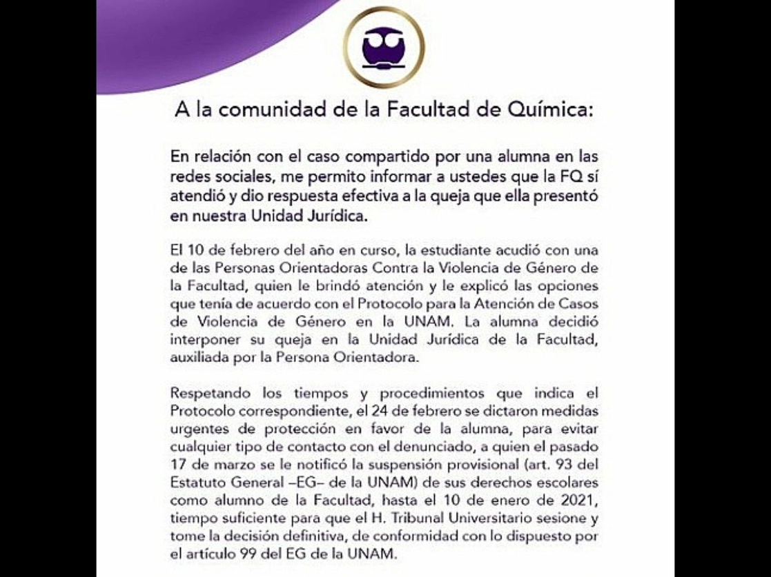 Fragmento de un comunicado emitido por la Facultad de Química a propósito del caso de la abuso denunciado por una estudiante. Imagen tomada del Twitter de @quimica_unam