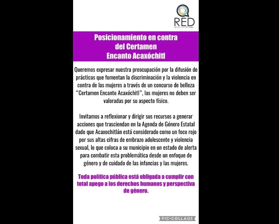 La agrupación Defensa Integral en Derechos Humanos de Hidalgo AC manifestó su rechazo a la convocatoria de un certamen de belleza organizado por la alcaldía de Acaxochitlán, Hidalgo. Imagen tomada de las redes sociales de Defiendehh AC