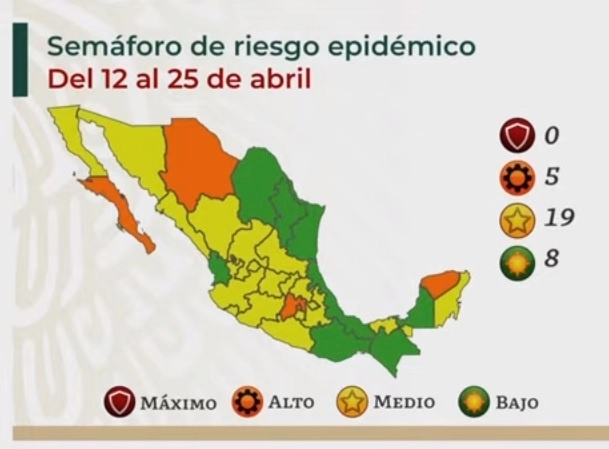 Semáforo Epidemiológico del 12 al 25 de abril presentado por la Ssa