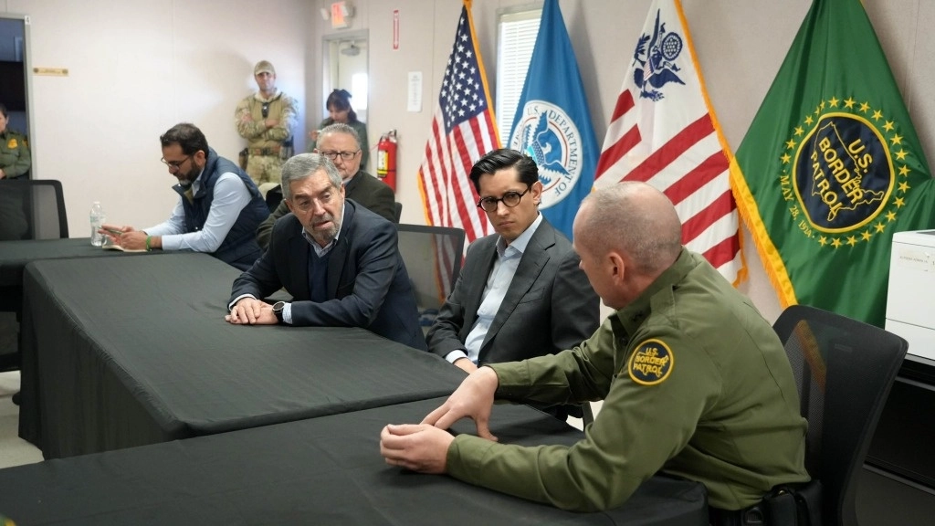El secretario de Relaciones Exteriores de México, Juan Ramón de la Fuente, sostuvo una reunión con los alcaldes de Ciudad Juárez y El Paso, Cruz Pérez Cuéllar y Oscar Leeser, respectivamente en la ciudad de El Paso, Texas. Foto @SRE_mx