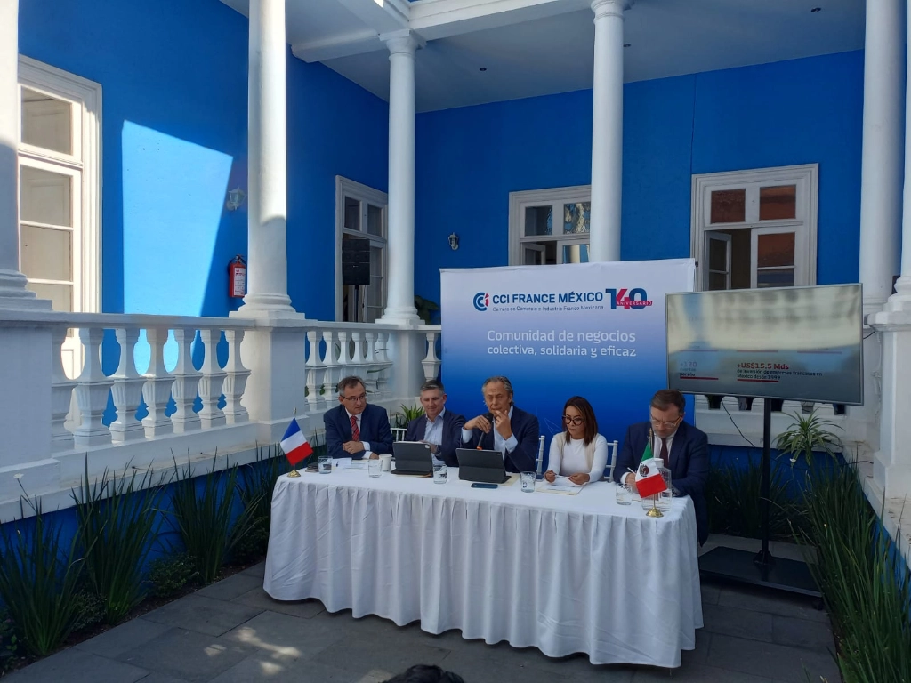 Durante la conferencia de prensa organizada por la Cámara de Comercio e Industria Franco Mexicana (CCI France México) con motivo de la celebración de sus 140 años, el 9 de abril de 2024. Foto tomada de X @ifal_mx 