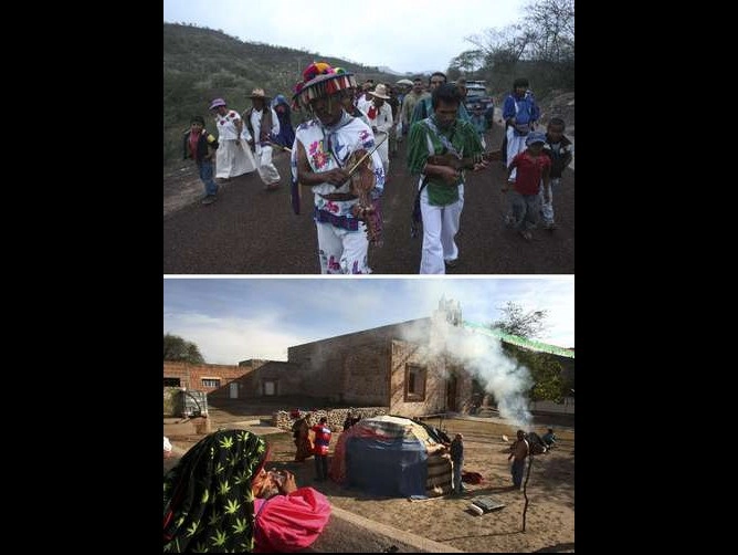 Con una peregrinación y una ceremonia tradicional, las comunidades wixárika y tepehuana de San Lorenzo Azqueltán, municipio de Villa Guerrero, Jalisco, festejaron su sexto año de autonomía. Foto Arturo Campos Cedillo