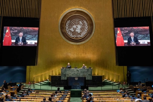 El presidente chino Xi Jinping (en video), durante su participación en la Asamblea General de la ONU. Foto Afp 