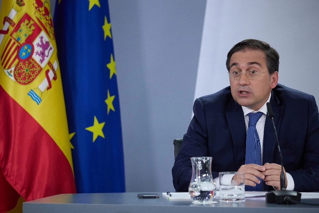 El ministro de Asuntos Exteriores de España, José Manuel Albares, durante una conferencia de prensa en el Palacio de la Moncloa, Madrid, el 23 de julio de 2024. Foto Europa Press