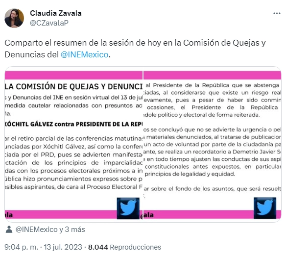 Publicación de Claudia Zavala en su cuenta de twitter.