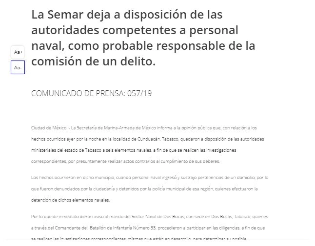 La Secretaría de Marina informó que colaborará con las autoridades del estado de Tabasco en la investigación para que se sancione a seis elementos navales que la noche de ayer ingresaron de manera violenta a un domicilio en el municipio de Cunduacán. Imagen tomada de www.gob.mx/semar