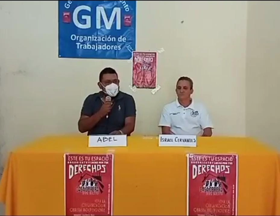 Conferencia del Movimiento Industrial Automotriz Independiente desde la Casa del Obrero del Bajío, en el municipio de Silao. Imagen tomada de la transmisión