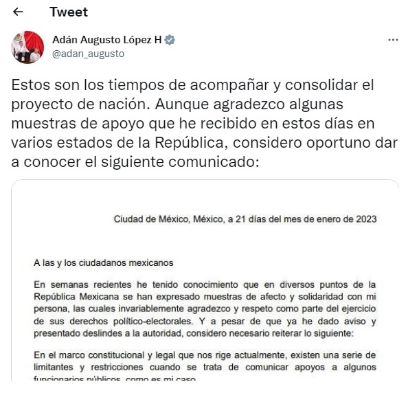 Mensaje en twitter que difundió el secretario de Gobernación.