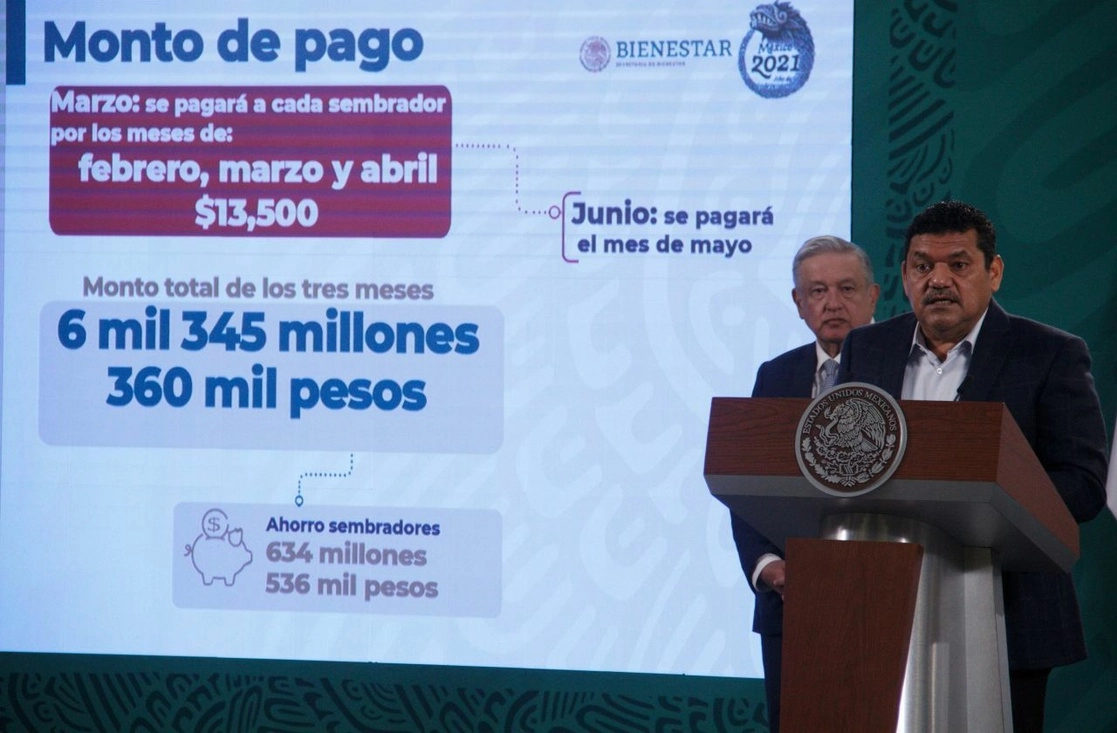 Durante la conferencia matutina presidencial, el secretario de Bienestar, Javier May, anuncia las modalidades de entrega de recursos de los programas sociales, el 22 de febrero de 2021. Foto Cuartoscuro