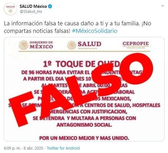 Las también llamadas fake news tienen efecto directo en el estado de ánimo y éste poco a poco evoluciona hasta generar pánico, expuso el experto. Imagen @SSalud_mx