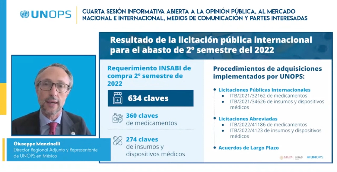 Presentación de resultados de compra de medicamentos en México, el 27 de mayo de 2022. Imagen tomada de la transmisión a través del canal de Youtube de Compra de Medicamentos y Material de Curación

