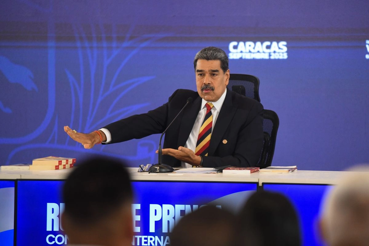 El presidente venezolano, Nicolás Maduro, habla durante una conferencia de prensa internacional, en Caracas, Venezuela, el 1 de septiembre de 2025. Foto