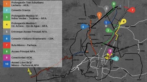 Mapa del Sistema Aeroportuario Metropolitano, en el que se ven las conexiones que tendrá el Aeropuerto Internacional Felipe Ángeles. Foto ‘La Jornada’