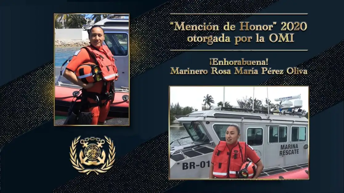 La Organización Marítima Internacional recononció a la nadadora de rescate de la Secretaría de Marina (Semar), Rosa María Pérez Oliva, con la “Distinción al valor excepcional en el mar 2020”, debido a su participación en el rescate de seis personas que naufragaron en aguas cercanas a Isla Mujeres, Quintana Roo. Foto cortesía Semar 