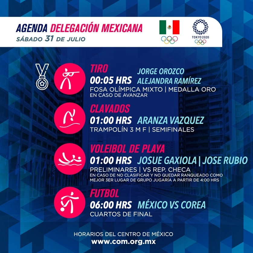 Agenda olímpica de la delegación mexicana para este sábado 31 de julio. Imagen Cortesía COM