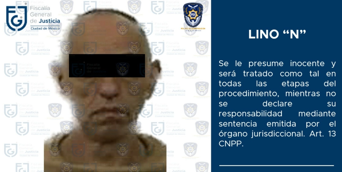 Lino ‘N’ fue detenido por agentes de investigación de la FGJ CDMX y llevado al Reclusorio Norte. Foto Tomada del Twitter @PDI_FGJCDMX

