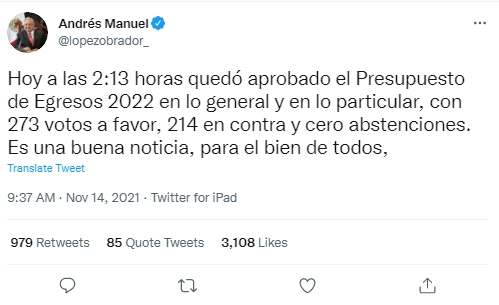 Mensaje del Presidente Andrés Manuel López Obrador en su cuenta de Twitter