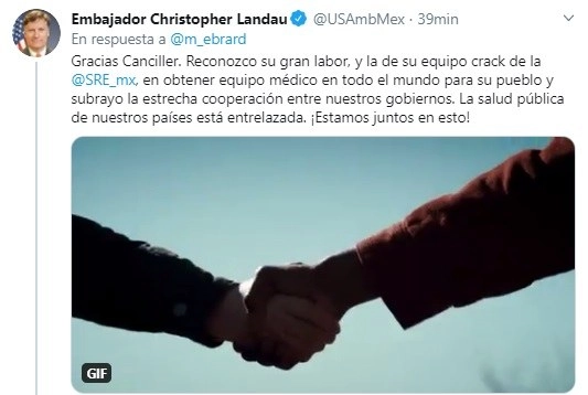 El embajador de EU respondió por Twitter al mensaje emitido por el canciller Marcelo Ebrard. Imagen tomada del Twitter de @USAmbMex