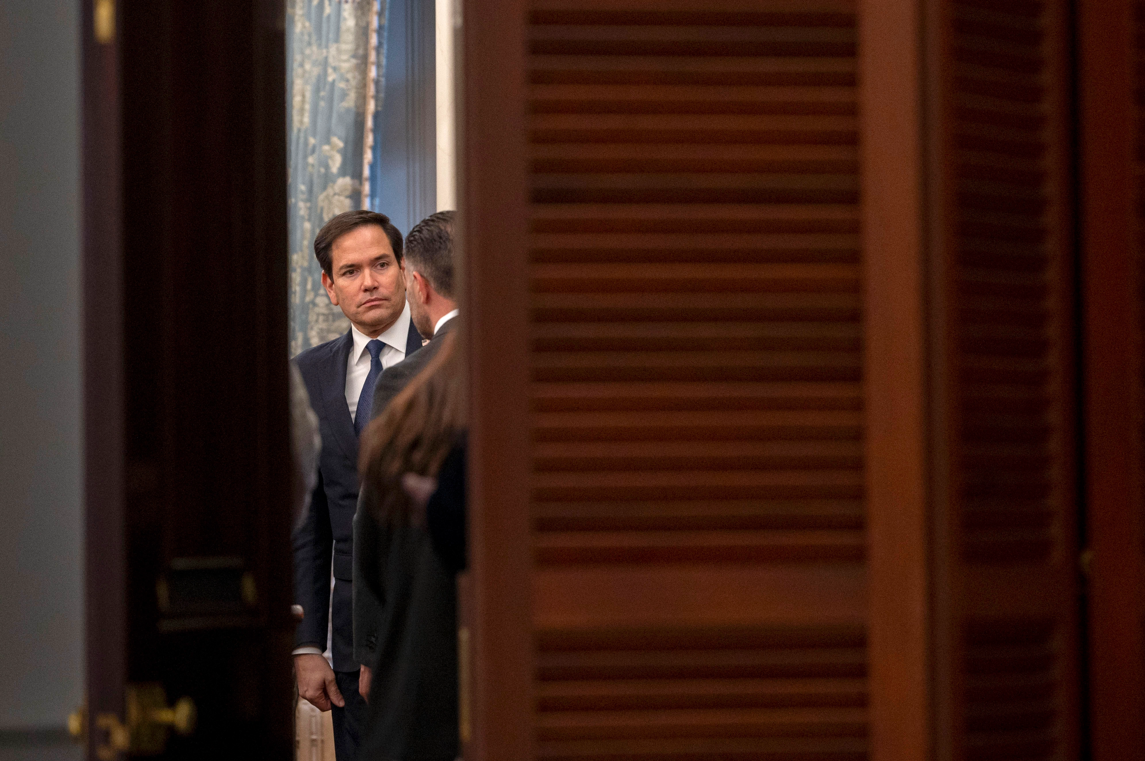 El secretario de Estado de EU, Marco Rubio, en el encuentro con el Gabinete de Seguridad de México, ocurrido ayer en el Departamento de Estado, en Washington. 