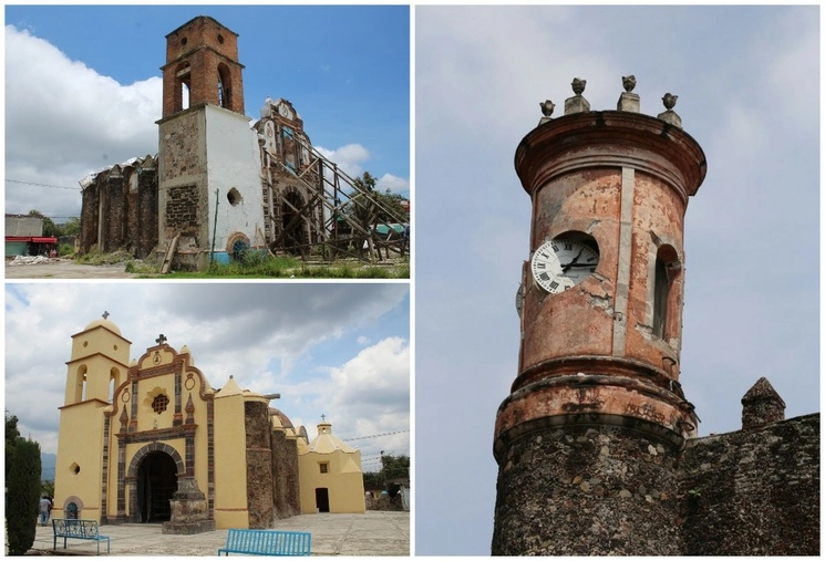 En la Capilla de Santa María de la Asunción, de Ocuilan de Arteaga, la cúpula y la parte del muro testero se derrumbó; su reconstrucción concluyó en 2022. A la derecha, reloj del Palacio de Cortés o Museo Regional Cuauhnáhuac, ubicado en Cuernavaca, Morelos, que quedó suspendido a las 13:14 horas del 19 de septiembre de 2017. Foto cortesía INAH
