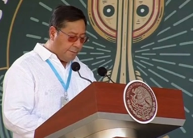 Luis Arce, presidente de Bolivia en la ceremonia del 504 aniversario del Día de la Victoria Chakán Putum, en Champotón, Campeche. Foto Tomada del video publicado en la cuenta de Twitter de @lopezobrador_