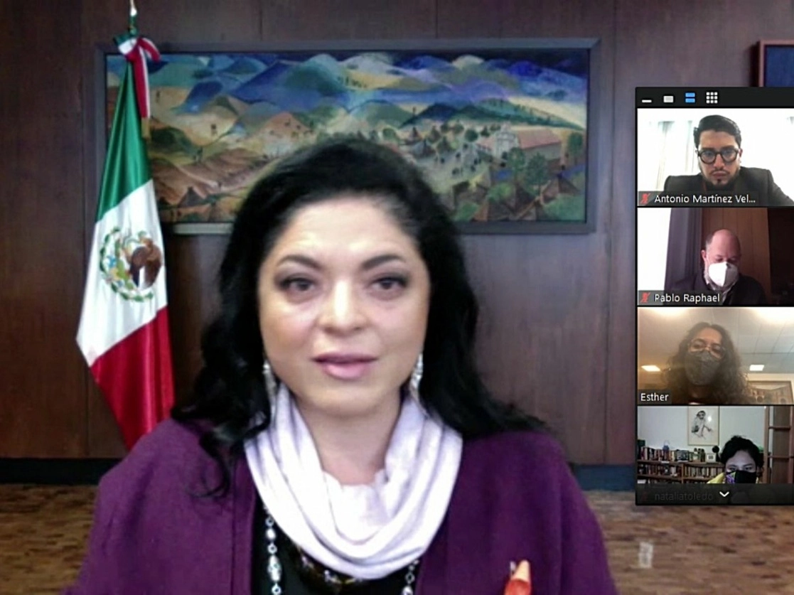La secretaria de Cultura, Alejandra Frausto, en rueda de prensa vía Zoom este lunes. Imagen tomada del Twitter de @cultura_mx