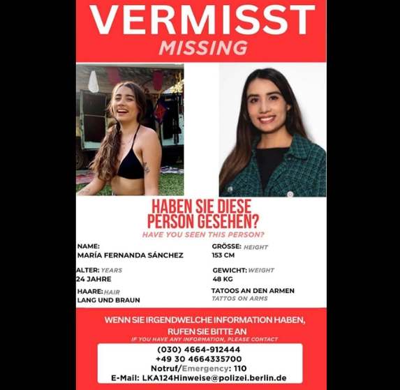 Ficha de búsqueda de la estudiante mexicana desaparecida en Berlín desde el 22 de julio. Imagen tomada de https://www.facebook.com/groups/mexico.berlin