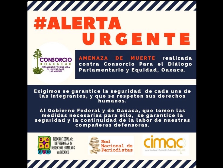 Amnistía Internacional solicitó a las autoridades de Oaxaca realizar las diligencias necesarias para asegurar la vida e integridad física de las integrantes del colectivo civil feminista Consorcio para el Diálogo Parlamentario y la Equidad Oaxaca. Imagen tomada de la cuenta de Twitter @FondoSemillas
