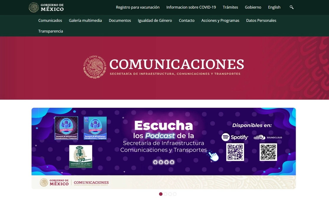 Vista de la página oficial de la Secretaría de Infraestructura, Comunicaciones y Transportes. Foto tomada del sitio de  https://www.gob.mx/sct