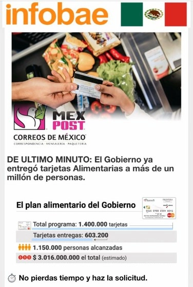 Esta  falsa promoción se anuncia en el enlace https://bit.ly/alimentaar2, el cual menciona que se han entregado 1 millón 400 mil de supuestos plásticos. Imagen tomada de https://bit.ly/alimentaar2