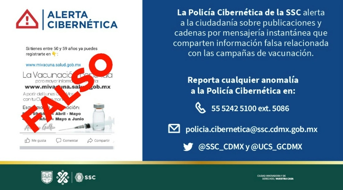 La página no está avalada por las autoridades sanitarias, ni por el Programa Nacional de Vacunación, por lo que comenzó a circular dicha imagen con la leyenda “Falso”, el 25 de marzo de 2021. Imagen tomada del Twitter de @SSC_CDMX
