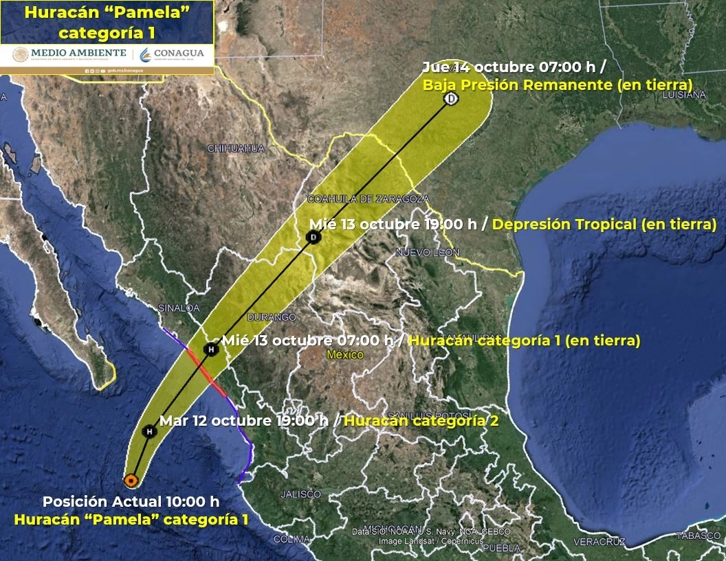'Pamela' puede llegar a ser huracán categoría 2, con impacto en Nayarit, Sinaloa y Baja California. Imagen tomada del Twitter de @PC_Sinaloa