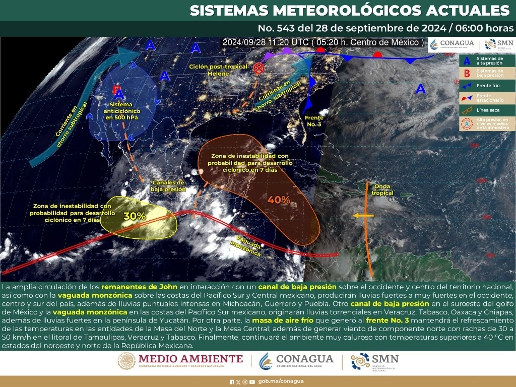 La Secretaría de Gestión Integral de Riesgos y Protección Civil de Guerrero alertó que hay una zona con 30% de probabilidad para desarrollo ciclónico en siete días, debido a los remanentes del huracán John y un canal de baja presión. Imagen tomada de @conagua_clima
