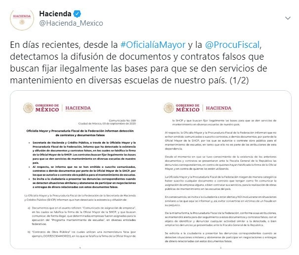 La SHCP explicó que los documentos se refieren a la asignación de empresas en los cuales se falsifica la firma de la Oficial Mayor de la dependencia y que buscan validar, de forma ilegal, que determinadas empresas fueron asignadas para la ejecución del programa. Imagen tomada del Twitter de @Hacienda_Mexico
