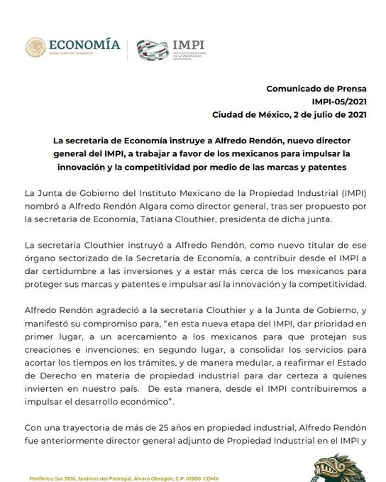 Alfredo Algara será el nuevo titular del Instituto Mexicano de la Propiedad Industrial.