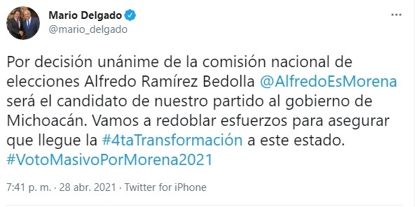 Publicación de Mario Delgado en su cuenta de twitter.