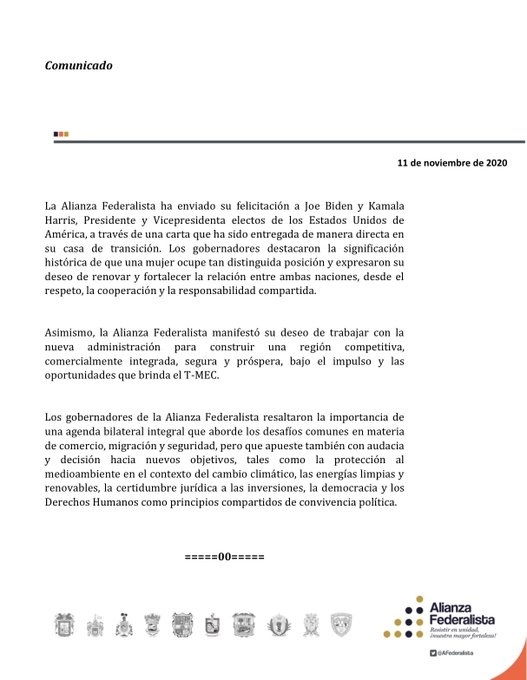 La unión de gobernadores difundió un comunicado. Foto @AFederalista