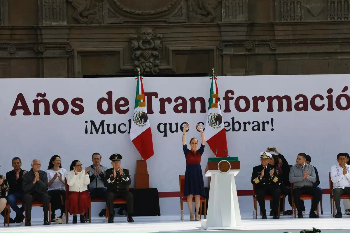 7 Años de Transformación, encabezado por la Presidenta de la República, Dra. Claudia Sheinbaum Pardo. En el zócalo de la Ciudad de México, el 6 de diciembre de 2025.