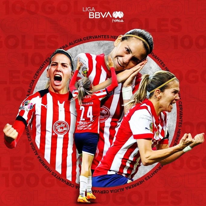Alicia Cervantes anota 100 goles en Liga Femenil MX. Foto tomada de la cuenta de Twitter @LigaBBVAFemenil
