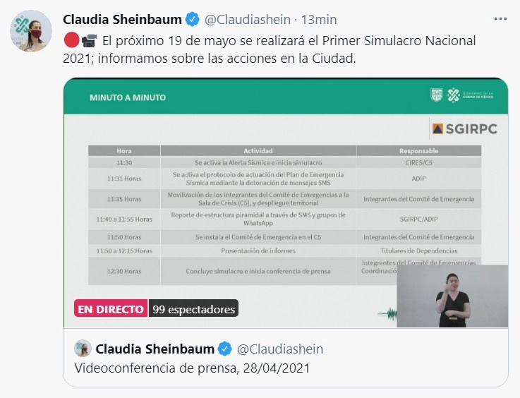 El simulacro nacional por sismo  tendrá lugar el próximo 19 de mayo a las 11:30. Imagen tomada del Twitter @Claudiashein
