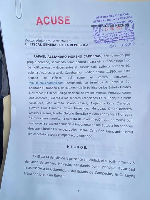 Acuse de la denuncia interpuesta por Alejandro Moreno.
