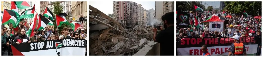 De nuevo, en Londres, París, Madrid, Caracas, Ciudad del Cabo, Roma y CDMX, entre otras urbes, decenas de miles marcharon por la paz. Al centro, imagen de Beirut tras un bombardeo ayer. Fotos Afp 