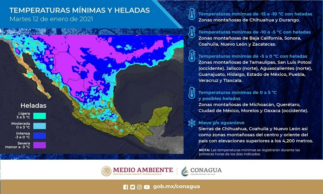 El ambiente de frío a gélido con heladas persistirá en diversas entidades. Imagen tomada de la cuenta de Twitter @conagua_clima
