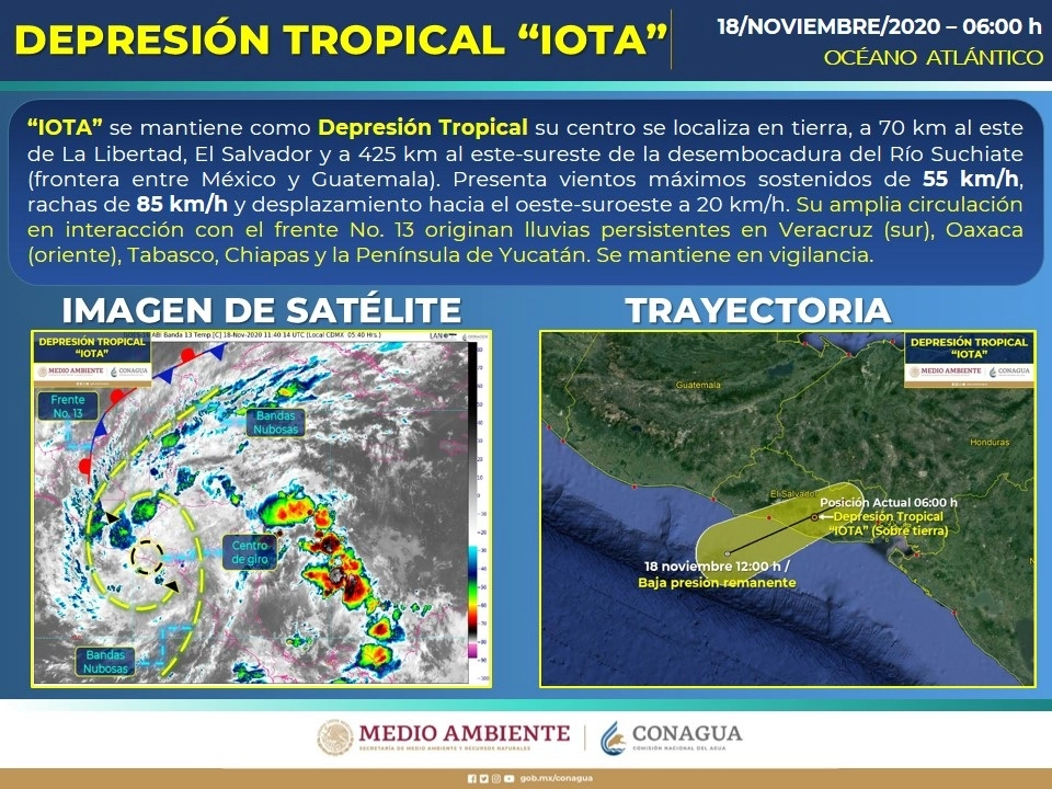 El SMN informó que en los próximos cuatro días, el frente frío número 13 avanzará a Campeche y los límites de Tabasco, con lo que se esperan precipitaciones en esos estados, así como en el norte y sur de Veracruz, Tabasco, Oaxaca, Campeche y Chiapas. Imagen tomada del Twitter de @conagua_clima
