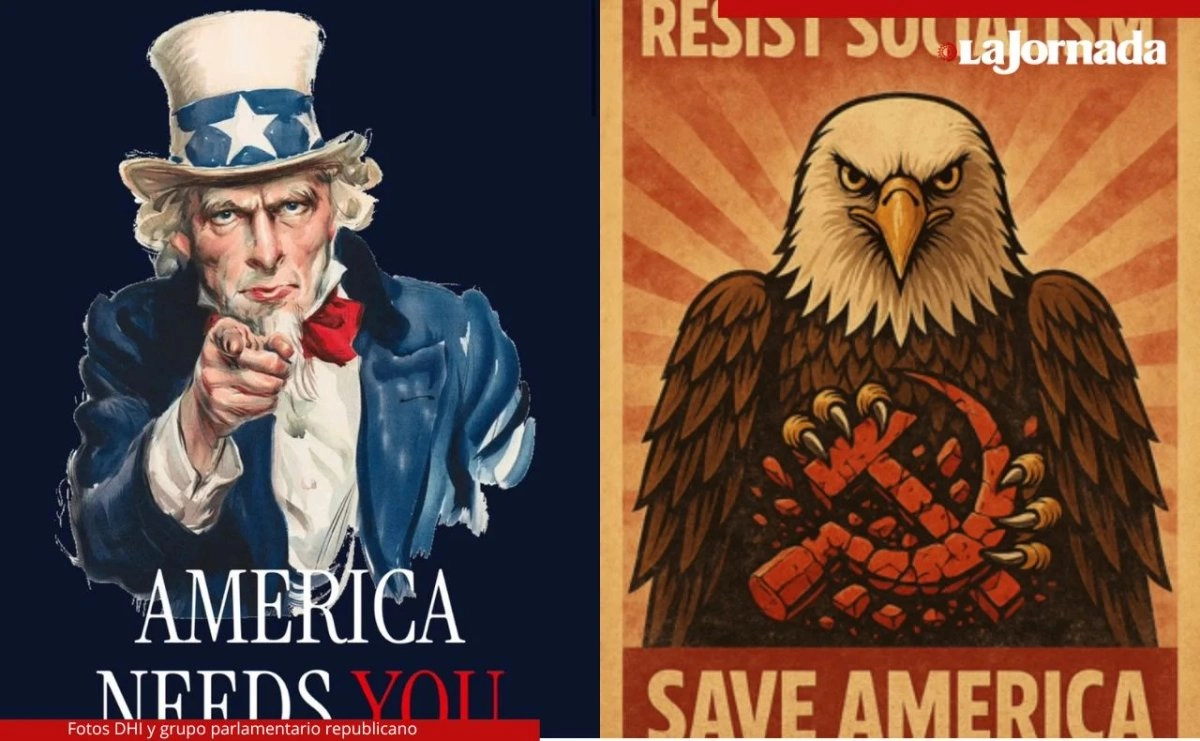  Anuncio del Departamento de Seguridad Interna (DHI, por sus siglas en inglés) para reclutar agentes (izquierda) e imagen difundida por la bancada republicana en la Cámara baja en contra del socialismo (derecha). 